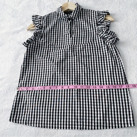 Zara Black & White Gingham Ruffle Cap Sleeve Blouse - Picture 3 of 11